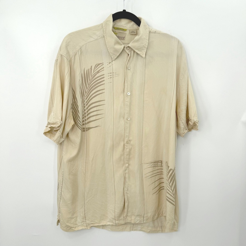 Cubavera Palm Print Button Up Shirt Mens L Tropical Vacation Resort Silk Blend